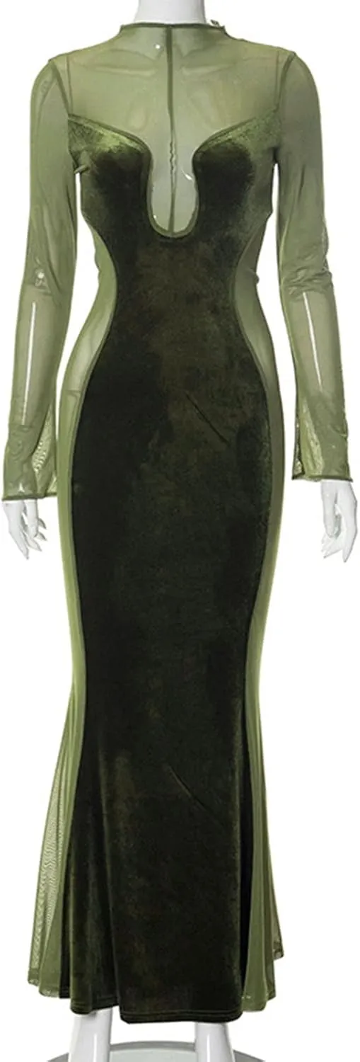 Night Dress for Women Party Sexy Mesh See Through Long Sleeve Dress Elegant Bodycon Tunic Long Mermaid Dress
