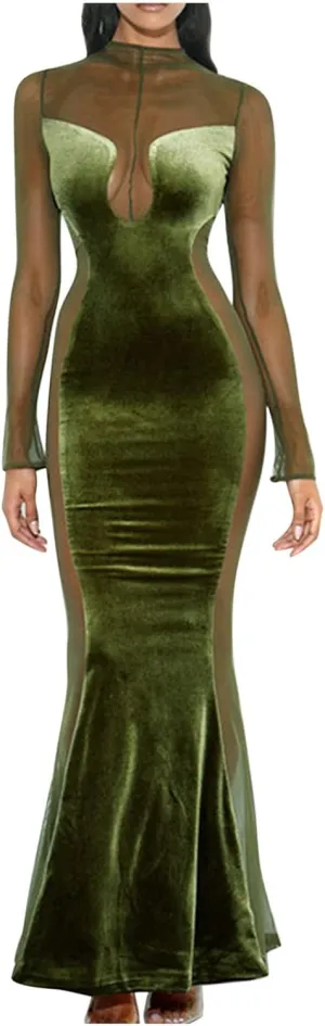 Night Dress for Women Party Sexy Mesh See Through Long Sleeve Dress Elegant Bodycon Tunic Long Mermaid Dress