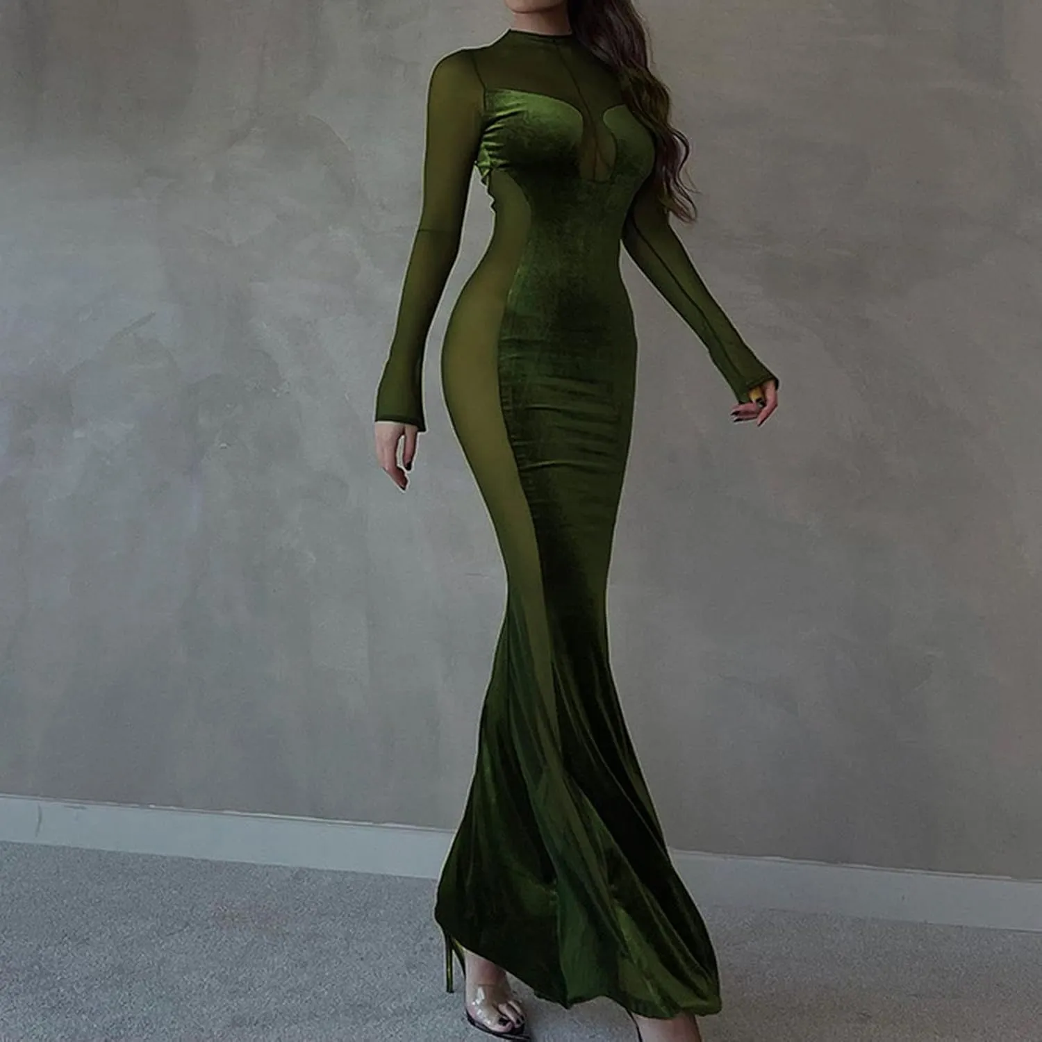 Night Dress for Women Party Sexy Mesh See Through Long Sleeve Dress Elegant Bodycon Tunic Long Mermaid Dress