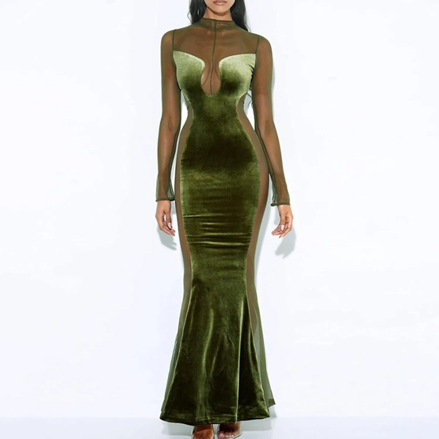 Night Dress for Women Party Sexy Mesh See Through Long Sleeve Dress Elegant Bodycon Tunic Long Mermaid Dress