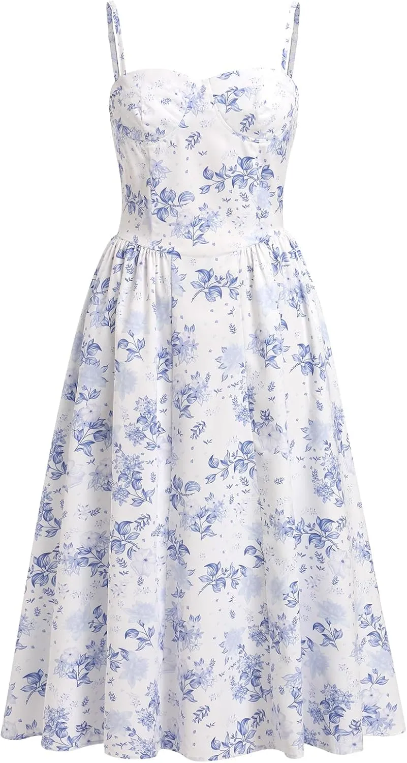 OBEEII Women Corset Dress Floral Bustier Midi Dress Flowy Spaghetti Straps Low Cut Summer Sun Dress