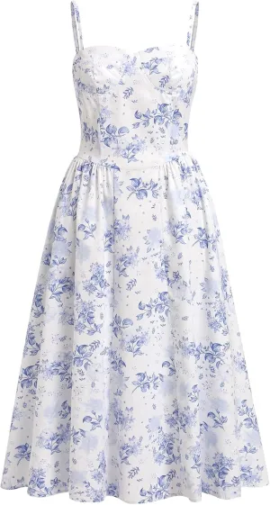 OBEEII Women Corset Dress Floral Bustier Midi Dress Flowy Spaghetti Straps Low Cut Summer Sun Dress