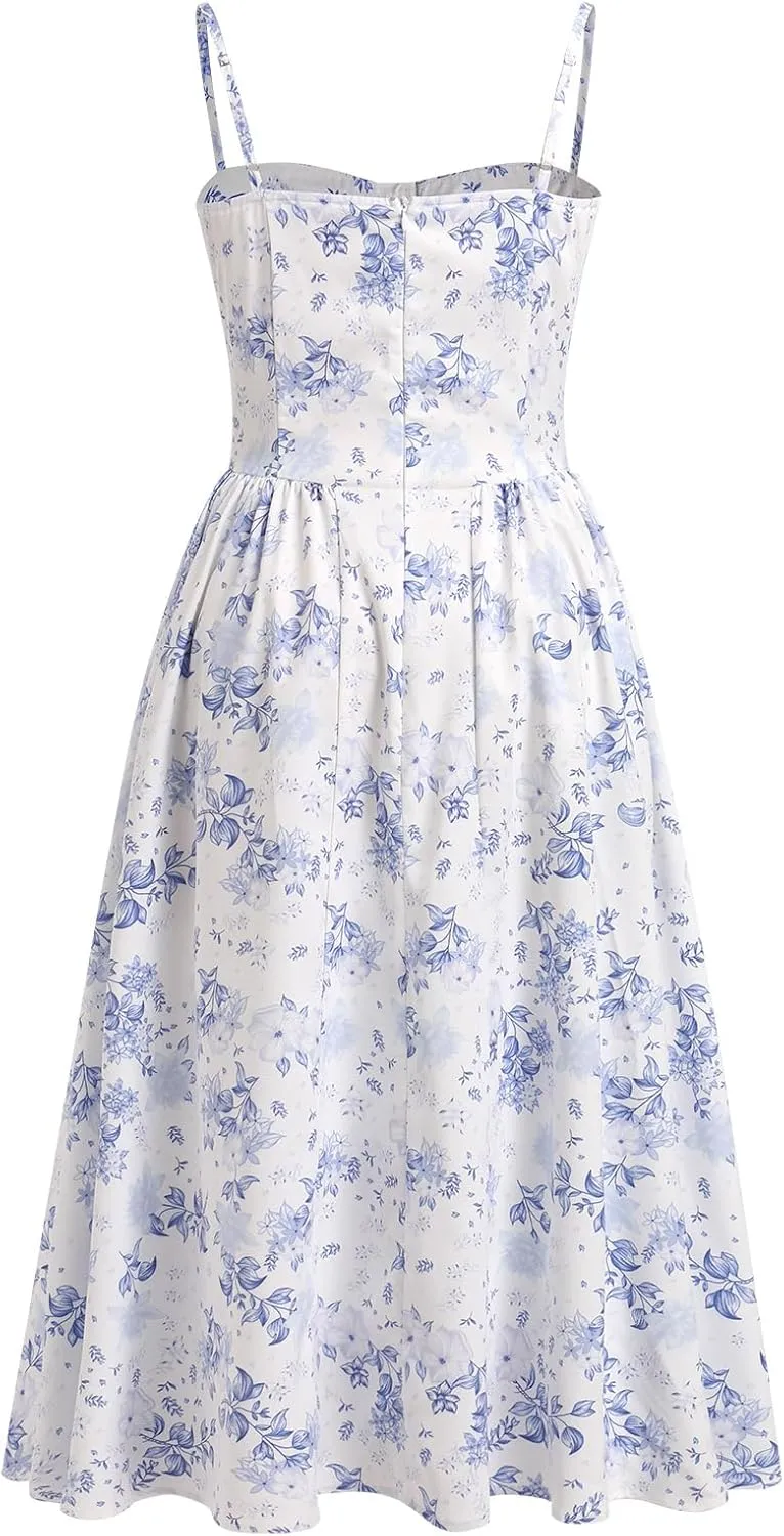 OBEEII Women Corset Dress Floral Bustier Midi Dress Flowy Spaghetti Straps Low Cut Summer Sun Dress