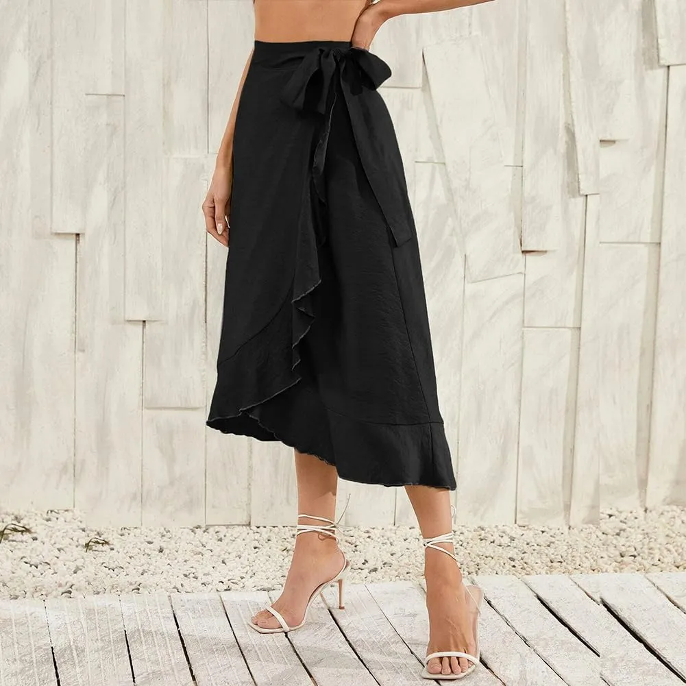 ODIZLI Women's Wrap Skirt High Waist Irregular High-Low Hemline Tie Waist Ruffle A-line Midi Skirt