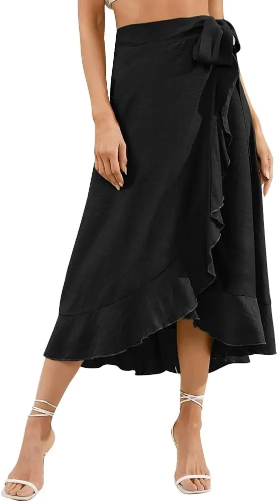 ODIZLI Women's Wrap Skirt High Waist Irregular High-Low Hemline Tie Waist Ruffle A-line Midi Skirt