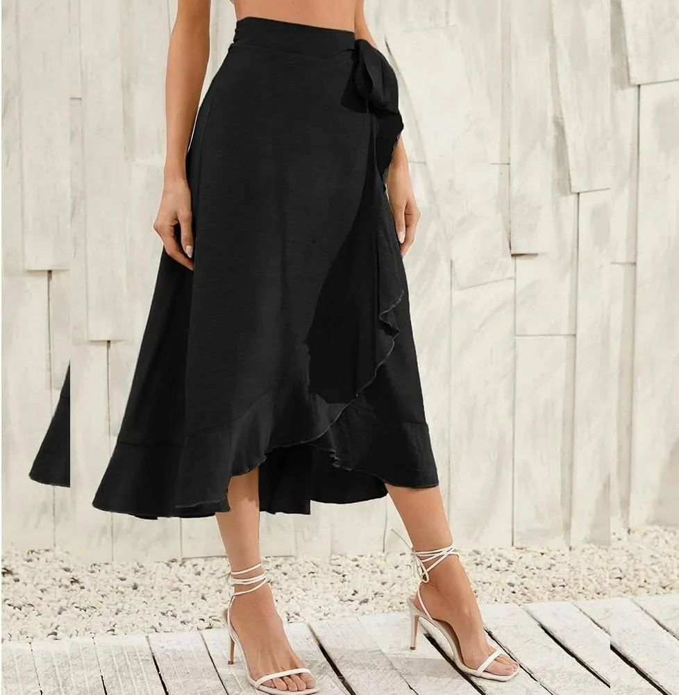 ODIZLI Women's Wrap Skirt High Waist Irregular High-Low Hemline Tie Waist Ruffle A-line Midi Skirt