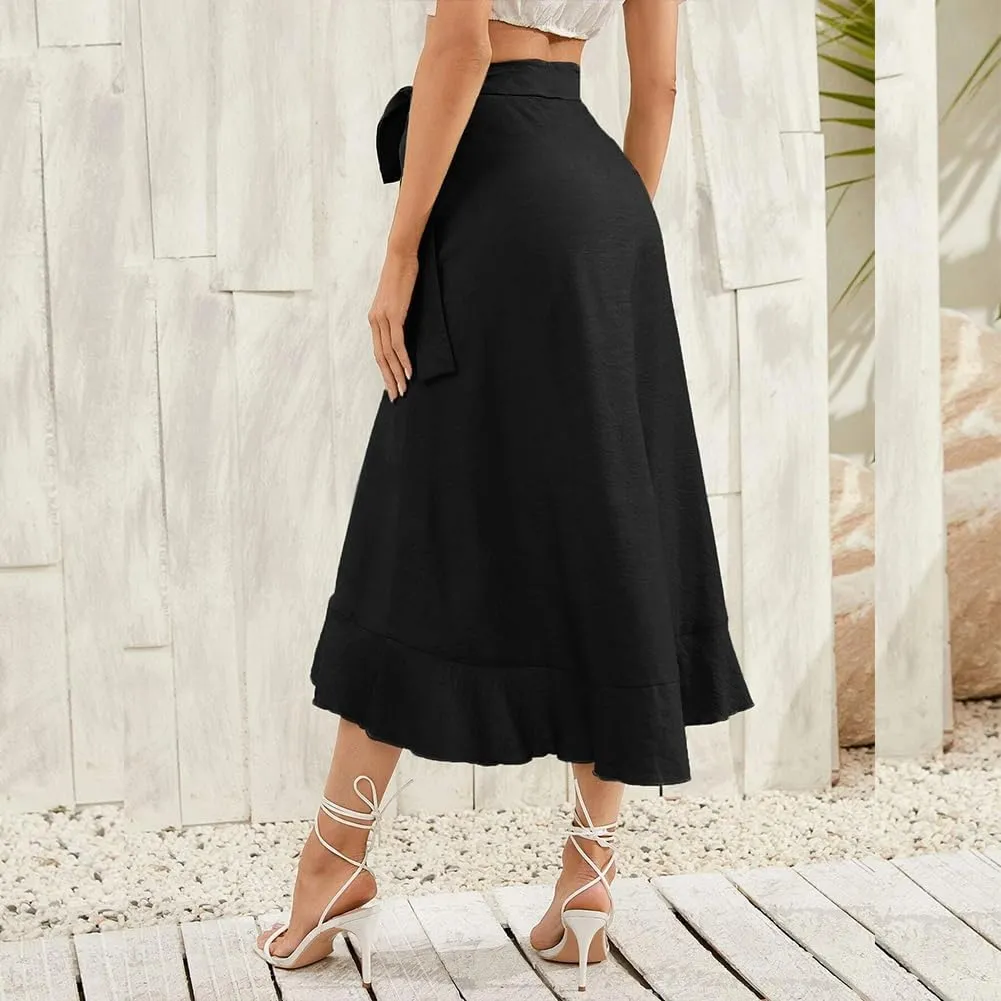 ODIZLI Women's Wrap Skirt High Waist Irregular High-Low Hemline Tie Waist Ruffle A-line Midi Skirt