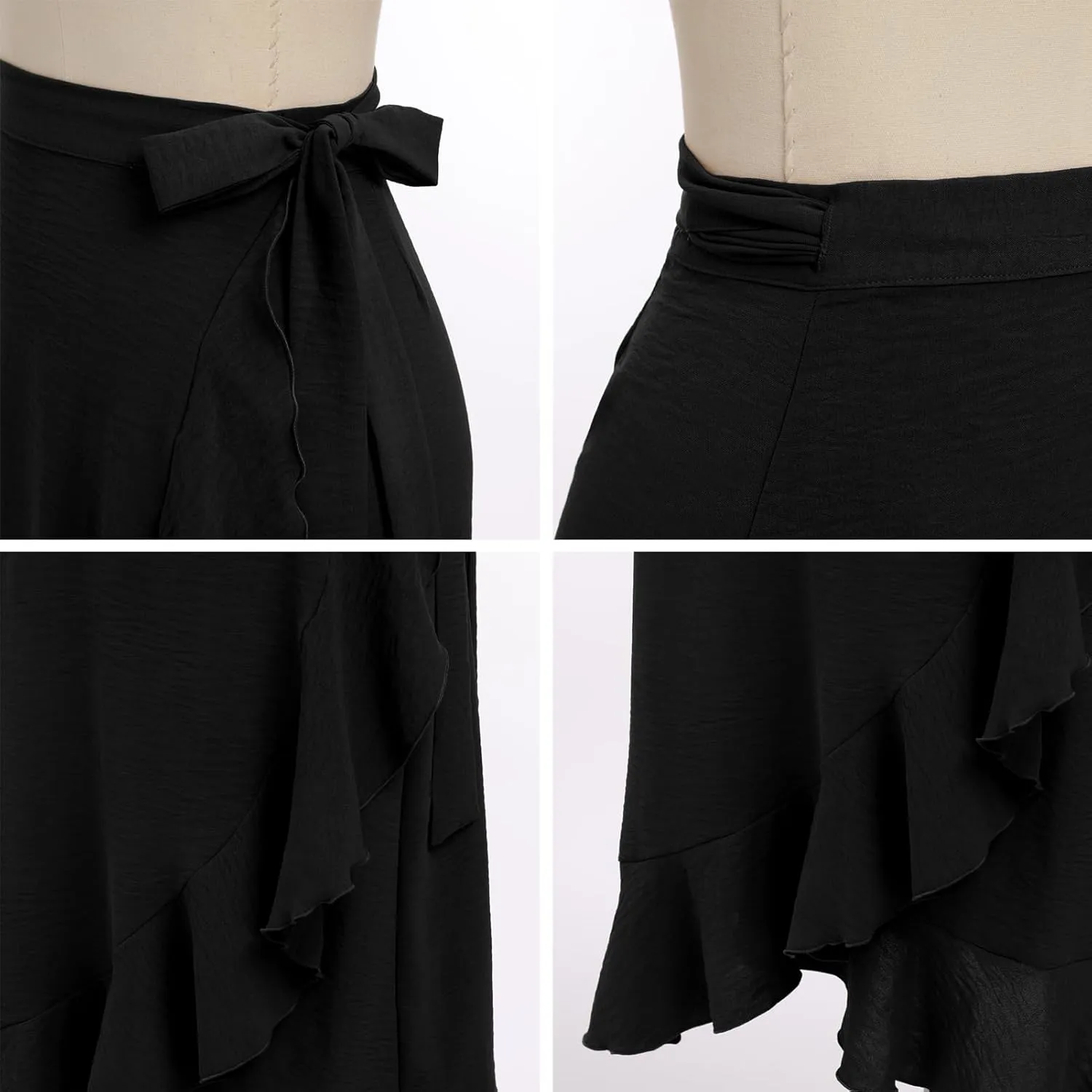ODIZLI Women's Wrap Skirt High Waist Irregular High-Low Hemline Tie Waist Ruffle A-line Midi Skirt