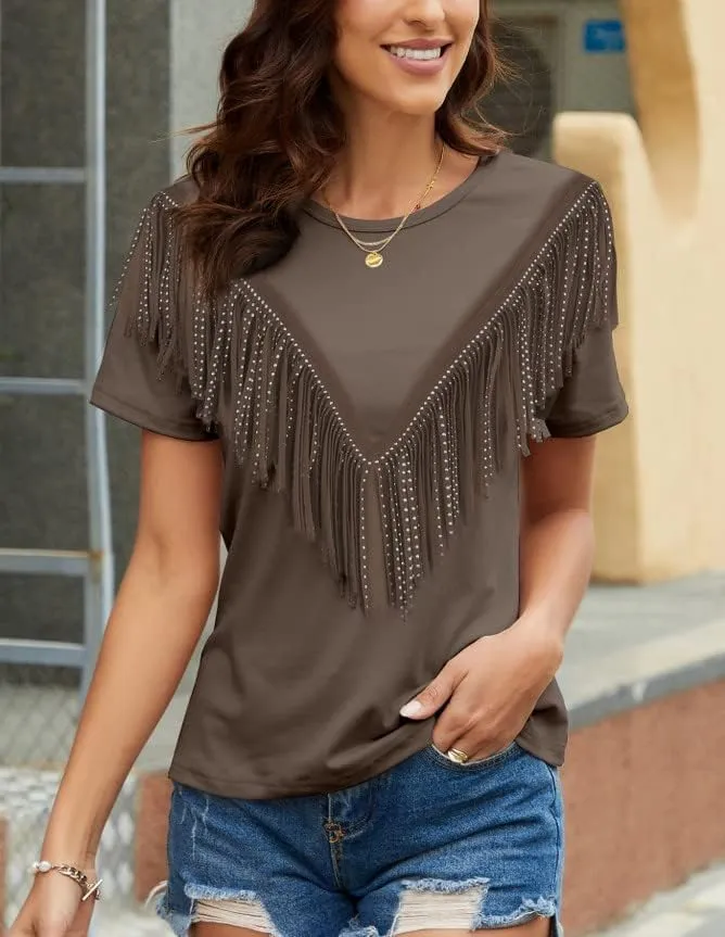 PESION Women's Fringe Trim Shirts Short Sleeve Tassel Trim Blouse T-Shirt Tops