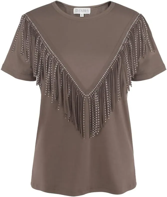 PESION Women's Fringe Trim Shirts Short Sleeve Tassel Trim Blouse T-Shirt Tops
