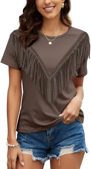 PESION Women's Fringe Trim Shirts Short Sleeve Tassel Trim Blouse T-Shirt Tops