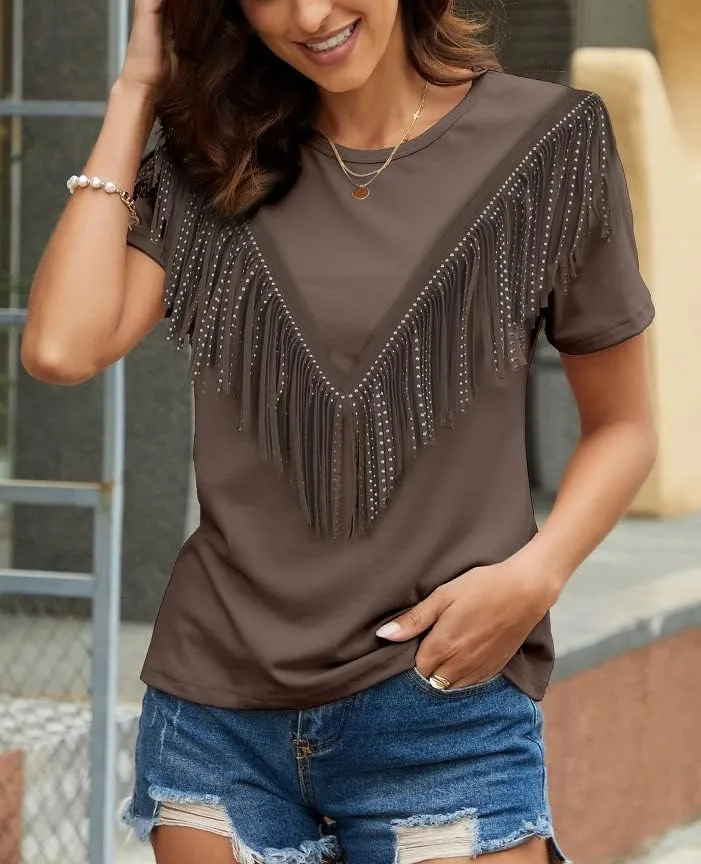 PESION Women's Fringe Trim Shirts Short Sleeve Tassel Trim Blouse T-Shirt Tops