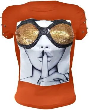 PESION Womens Short Sleeve T-Shirt Sequined Tops O-Neck Funny Graphic Tees Blouse