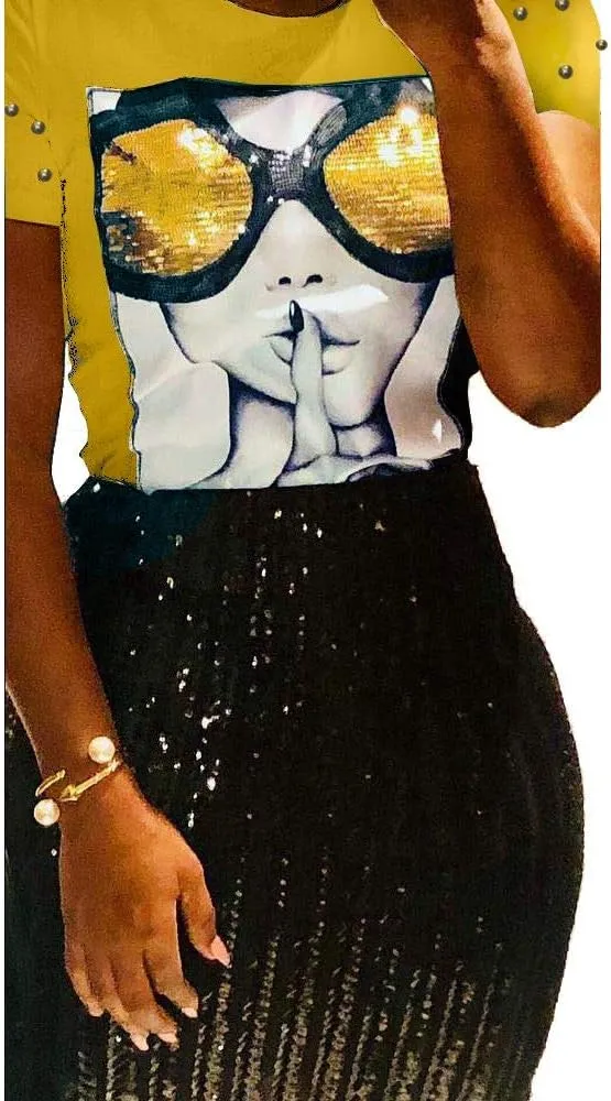 PESION Womens Short Sleeve T-Shirt Sequined Tops O-Neck Funny Graphic Tees Blouse