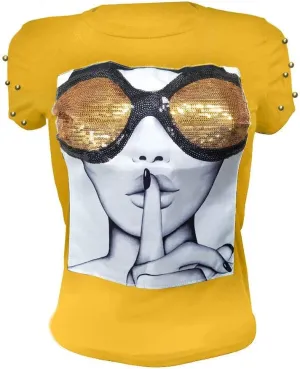 PESION Womens Short Sleeve T-Shirt Sequined Tops O-Neck Funny Graphic Tees Blouse