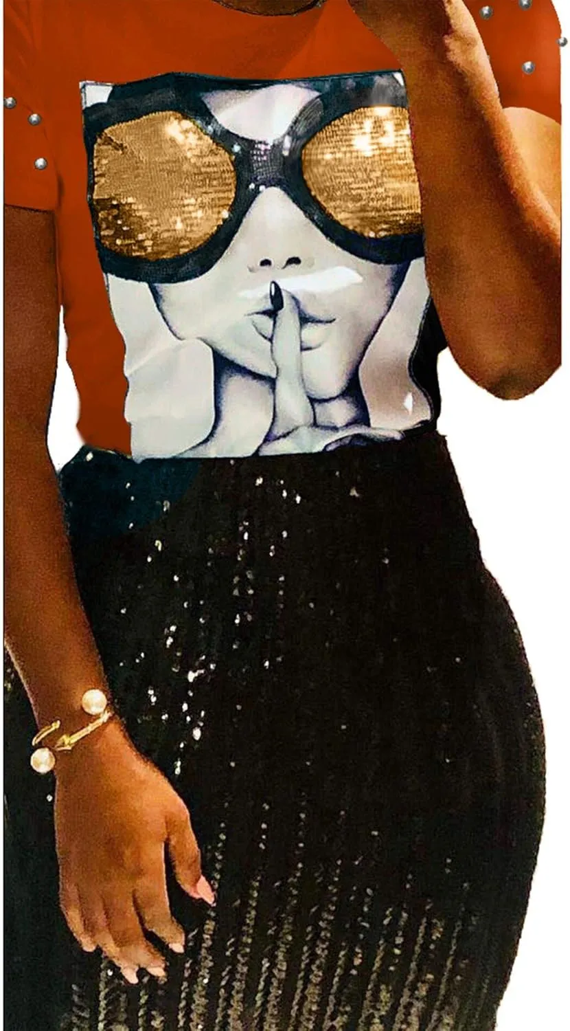 PESION Womens Short Sleeve T-Shirt Sequined Tops O-Neck Funny Graphic Tees Blouse