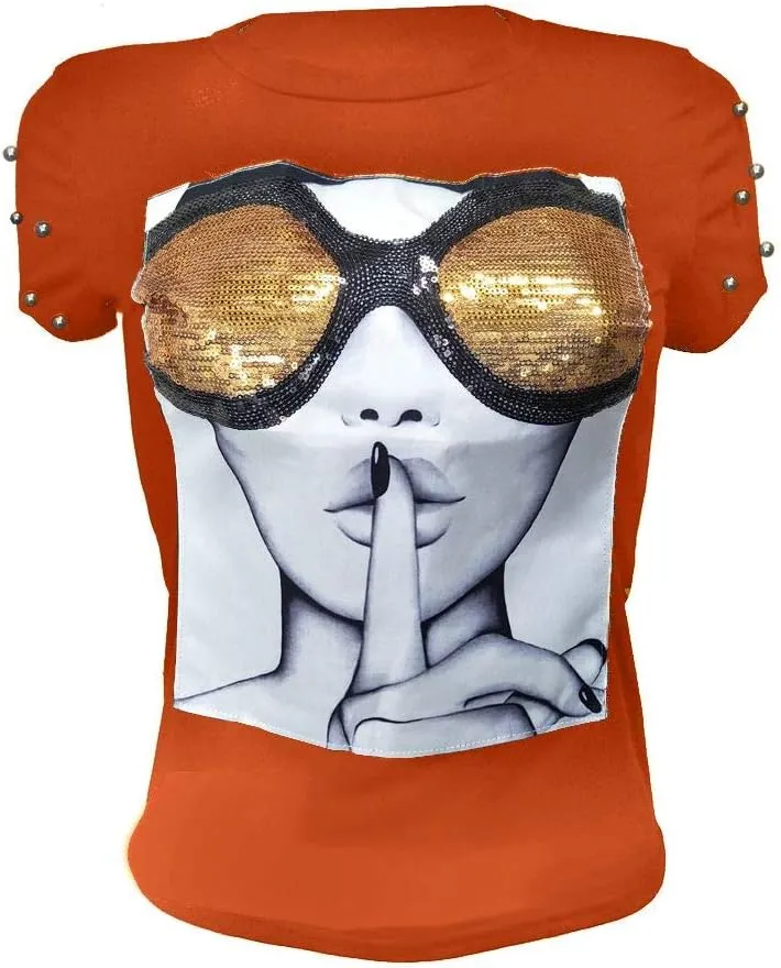 PESION Womens Short Sleeve T-Shirt Sequined Tops O-Neck Funny Graphic Tees Blouse