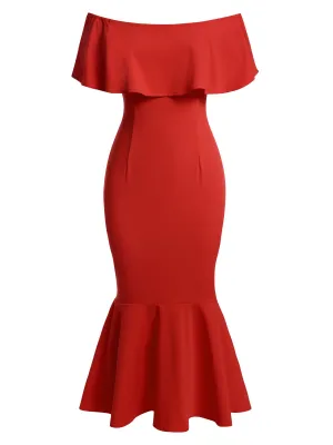 Red 1930s Off-Shoulder Ruffles Mermaid Dress