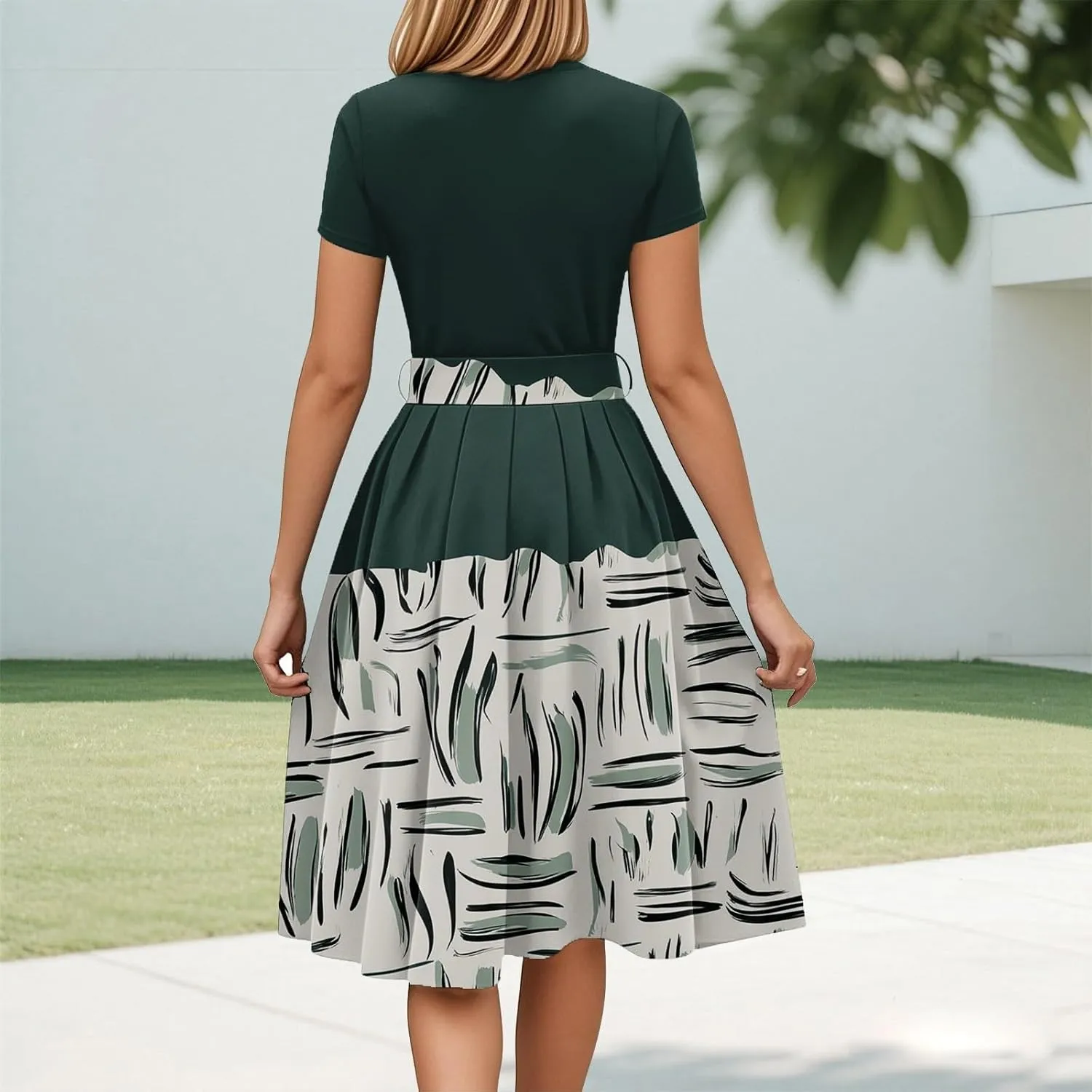 Wedding Guest Dresses for Women Vintage Short Sleeve Elegant Empire Waist Flowy Swing Party A-Line Dress with Belt