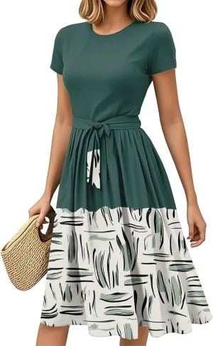 Wedding Guest Dresses for Women Vintage Short Sleeve Elegant Empire Waist Flowy Swing Party A-Line Dress with Belt