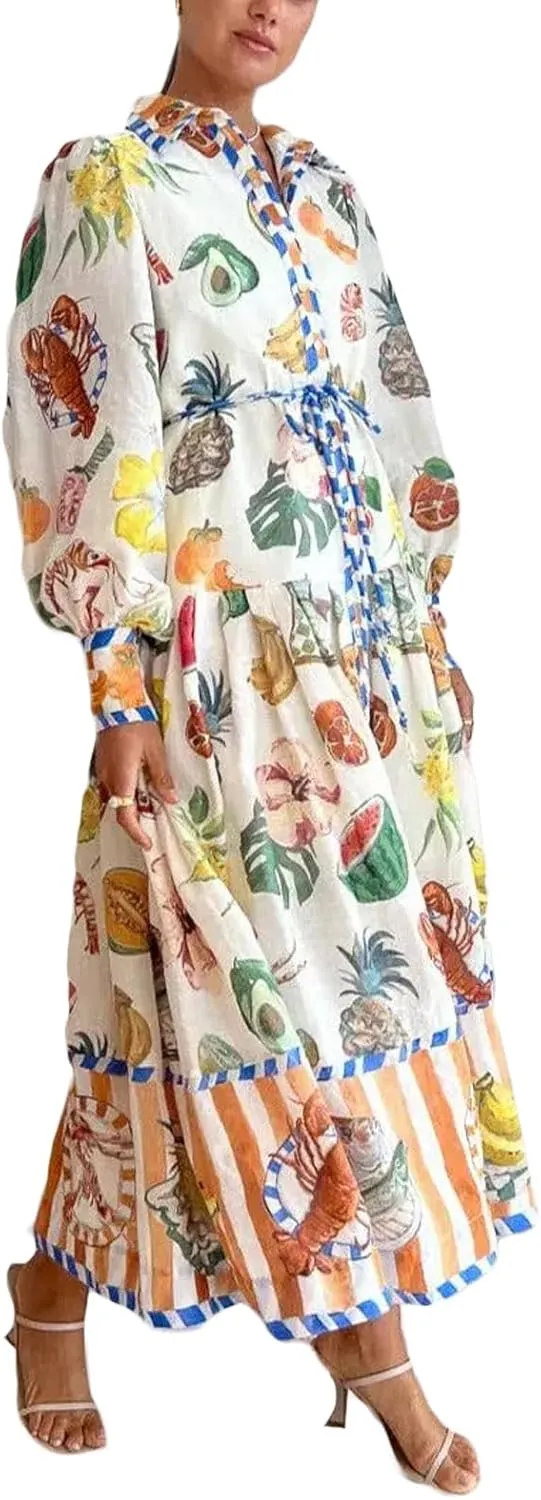 Women Graphic Puff Sleeve Maxi Dress Graffeti Button Down Shirt Dress Vintage Boho Floral Flowy Long Dress