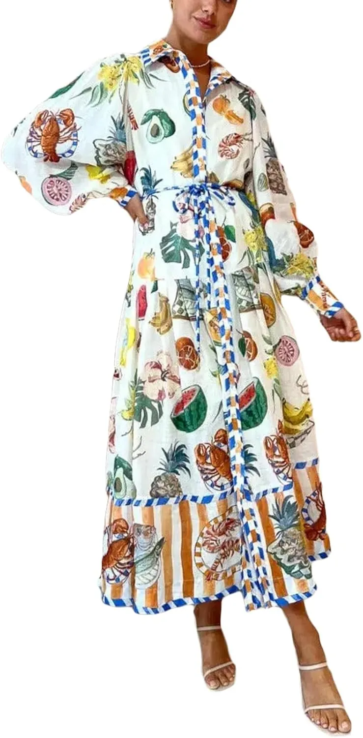 Women Graphic Puff Sleeve Maxi Dress Graffeti Button Down Shirt Dress Vintage Boho Floral Flowy Long Dress