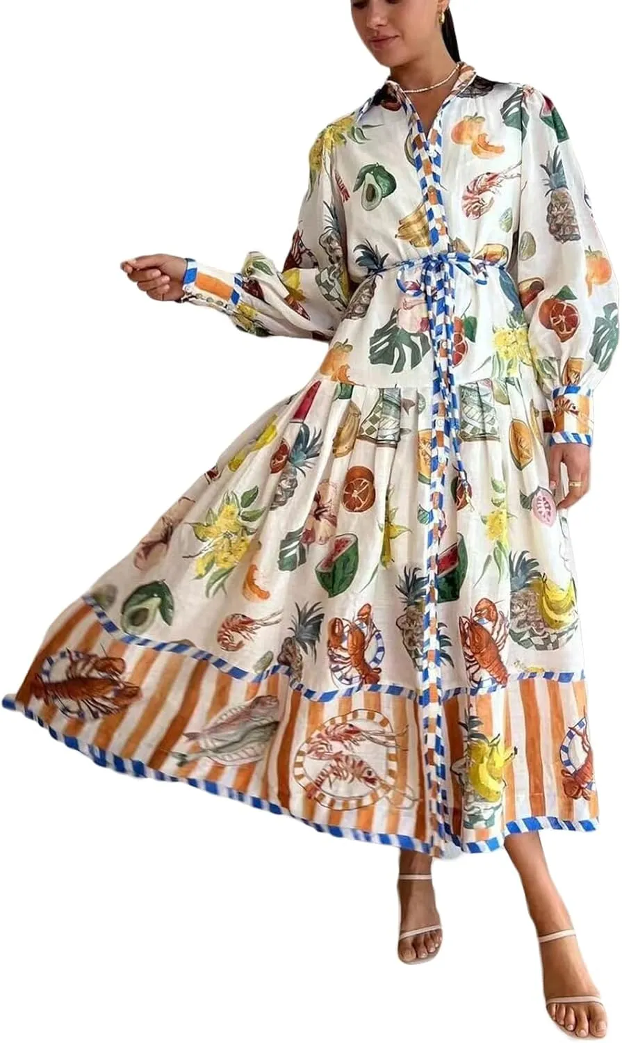 Women Graphic Puff Sleeve Maxi Dress Graffeti Button Down Shirt Dress Vintage Boho Floral Flowy Long Dress