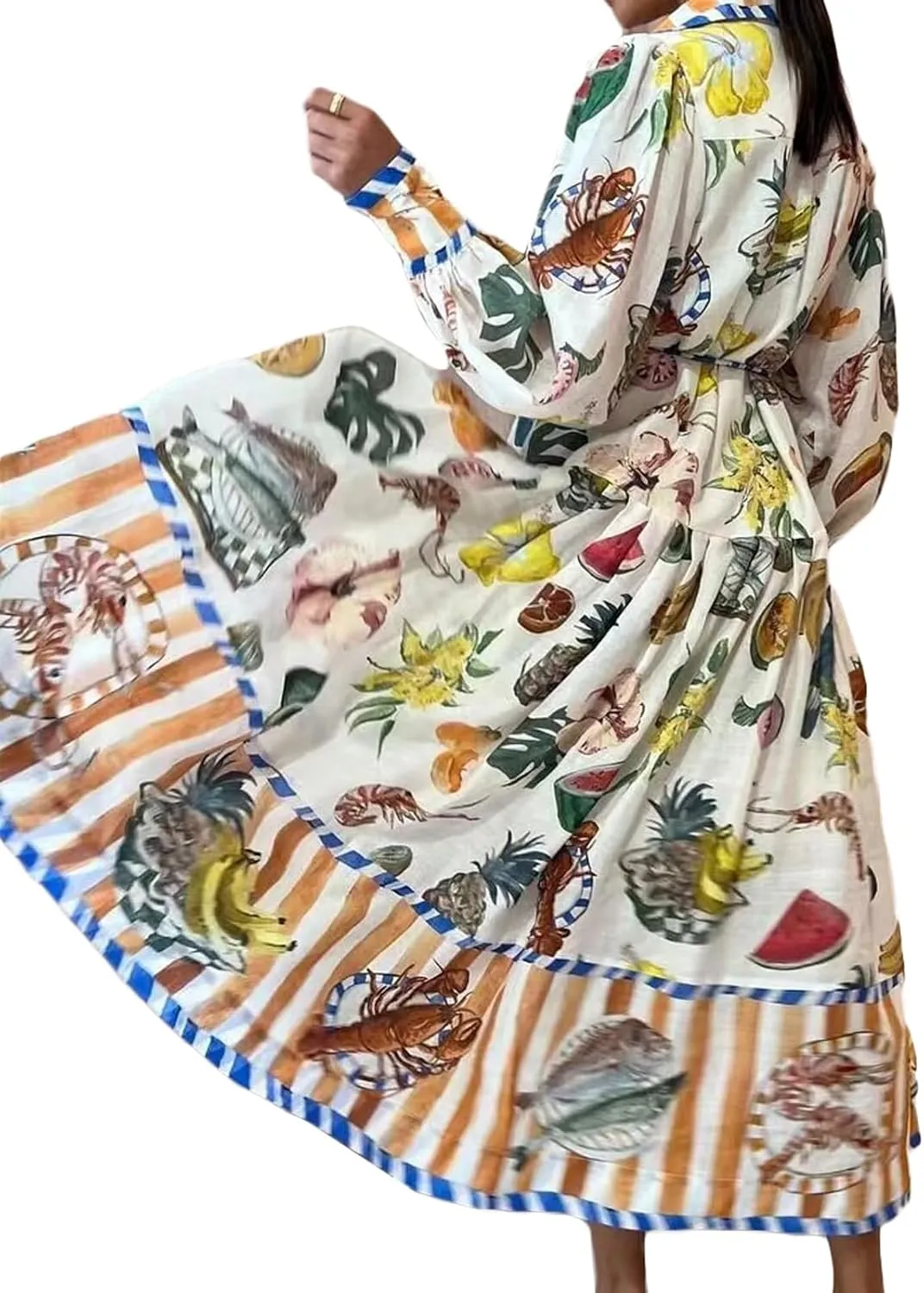 Women Graphic Puff Sleeve Maxi Dress Graffeti Button Down Shirt Dress Vintage Boho Floral Flowy Long Dress