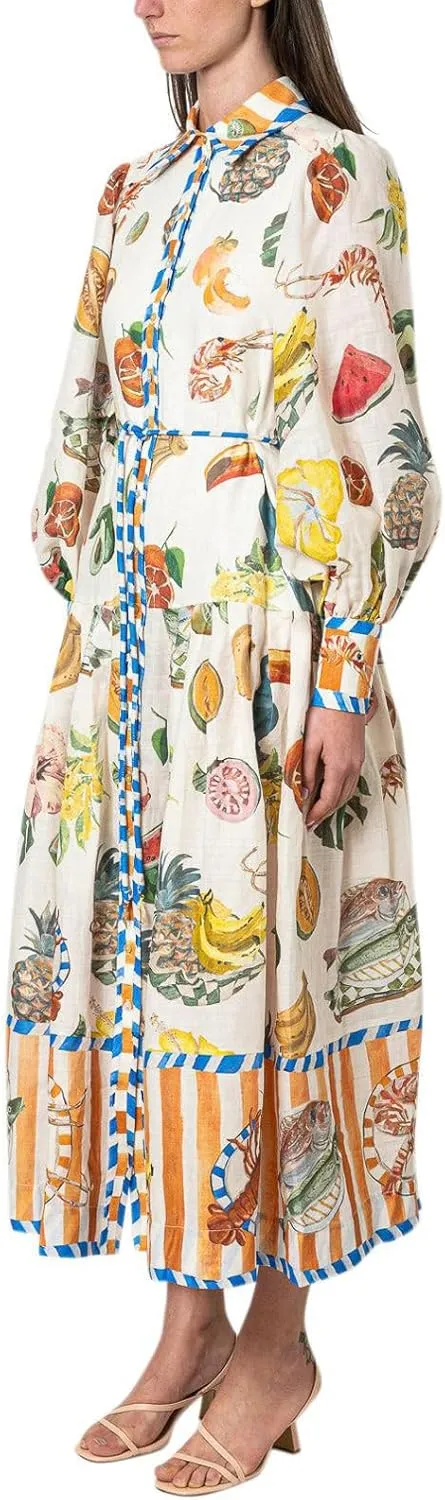 Women Graphic Puff Sleeve Maxi Dress Graffeti Button Down Shirt Dress Vintage Boho Floral Flowy Long Dress