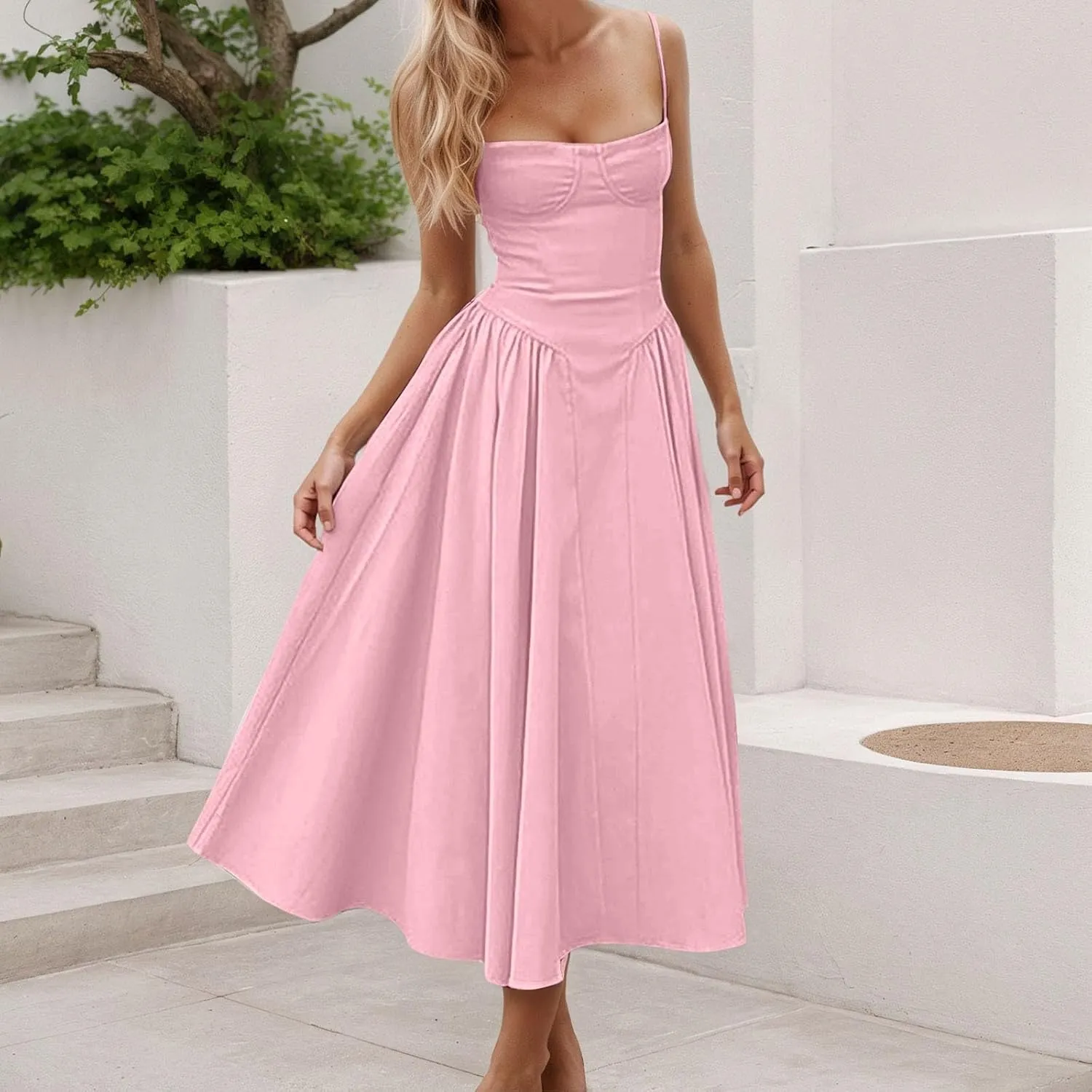 Womens Corset Dress Spaghetti Strap Bustier Midi Dress Sexy Partydress Flowy Pleated Hem Low Cut Prom Dresses