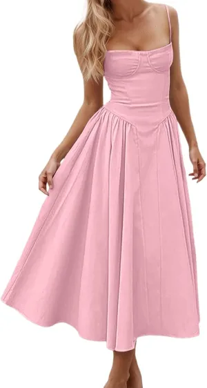 Womens Corset Dress Spaghetti Strap Bustier Midi Dress Sexy Partydress Flowy Pleated Hem Low Cut Prom Dresses