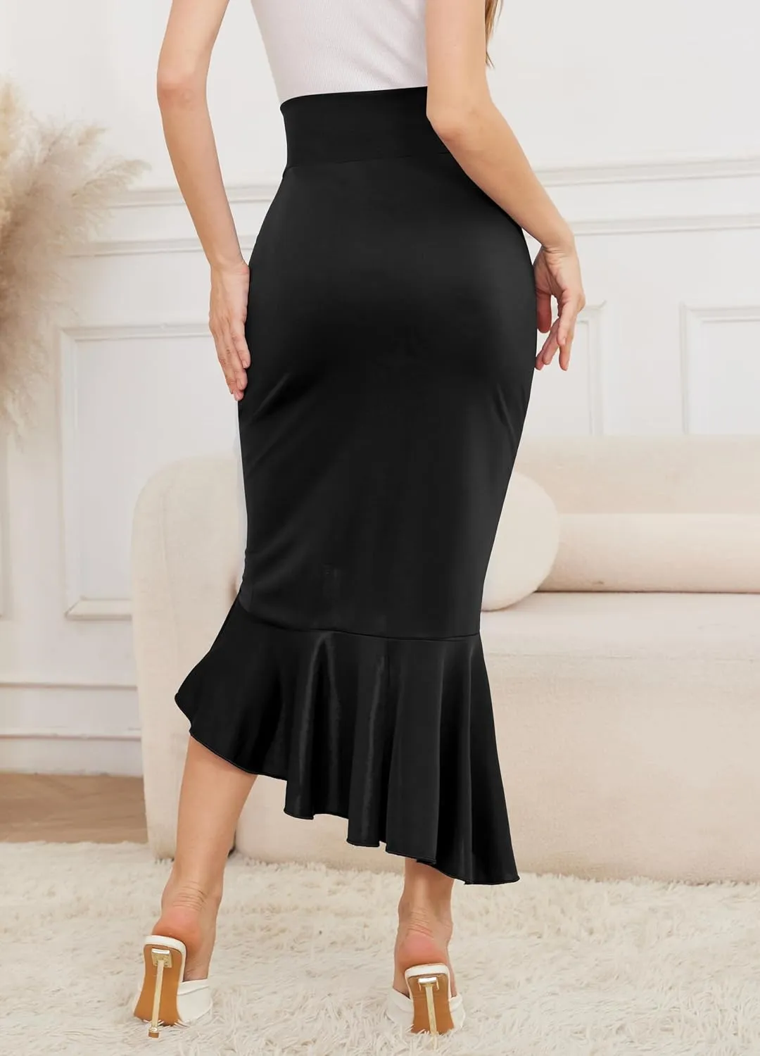 Women's Elegant Elastic High Waist Asymmetrical Fishtail Ruffle Split Office Bodycon Midi Business Pencil Skirt