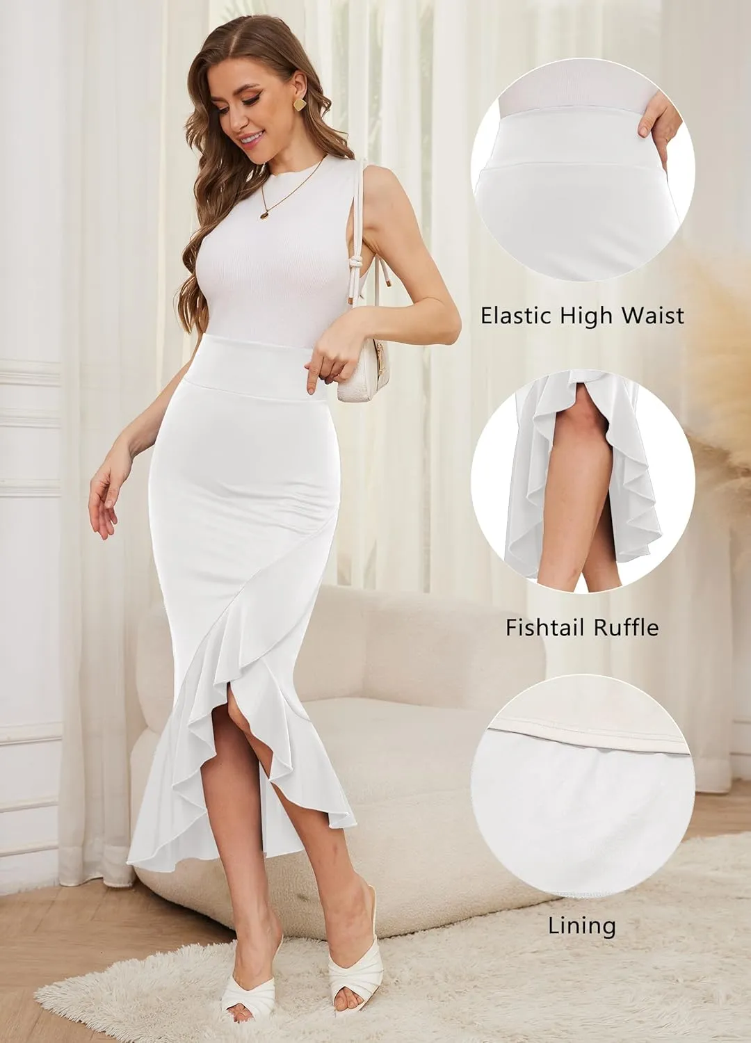 Women's Elegant Elastic High Waist Asymmetrical Fishtail Ruffle Split Office Bodycon Midi Business Pencil Skirt