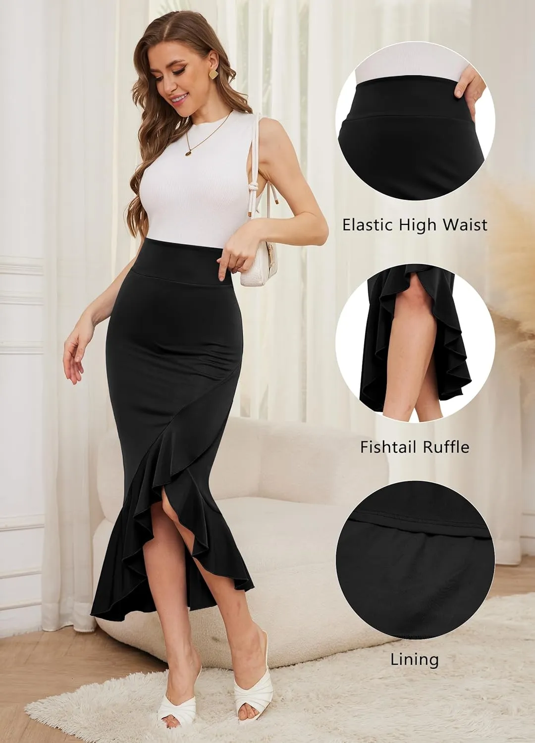 Women's Elegant Elastic High Waist Asymmetrical Fishtail Ruffle Split Office Bodycon Midi Business Pencil Skirt