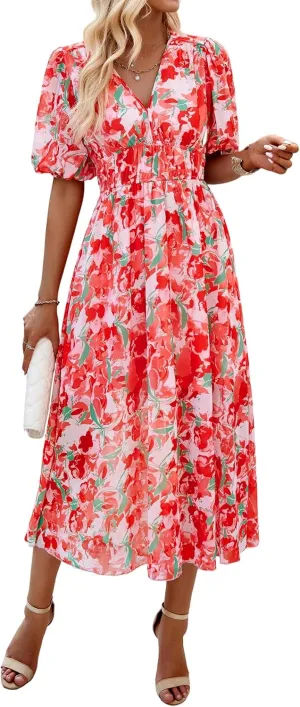 Womens Floral Flowy Wrap V Neck Midi Dress Short Sleeve Elastic Waist Casual Spring Summer Dresses for Women 2025