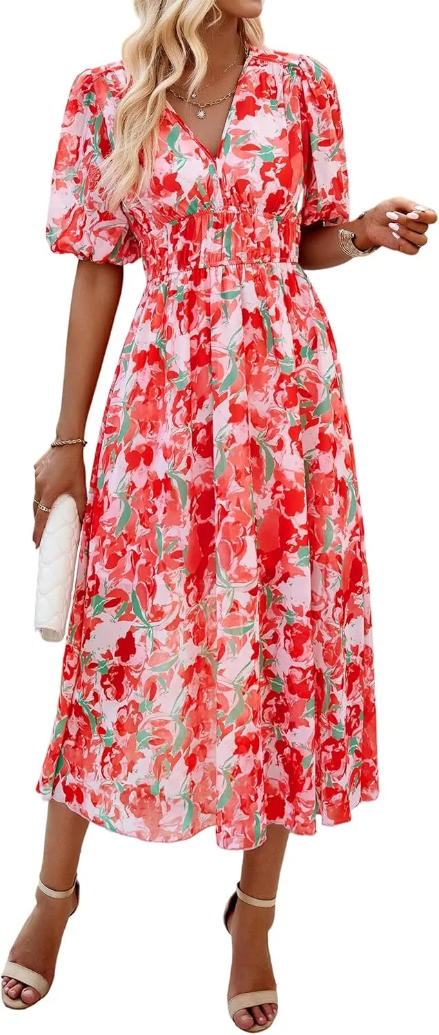 Womens Floral Flowy Wrap V Neck Midi Dress Short Sleeve Elastic Waist Casual Spring Summer Dresses for Women 2025