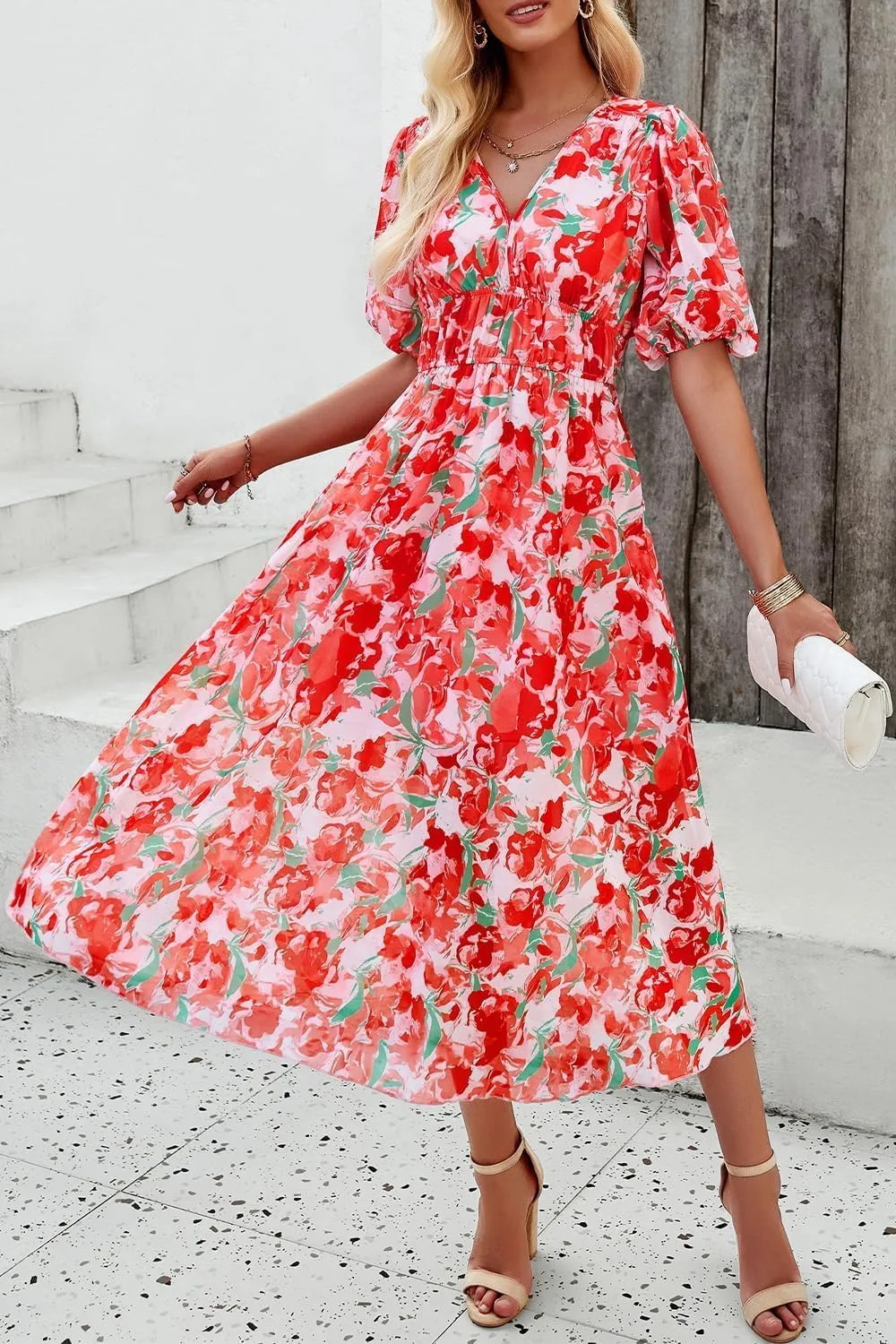 Womens Floral Flowy Wrap V Neck Midi Dress Short Sleeve Elastic Waist Casual Spring Summer Dresses for Women 2025