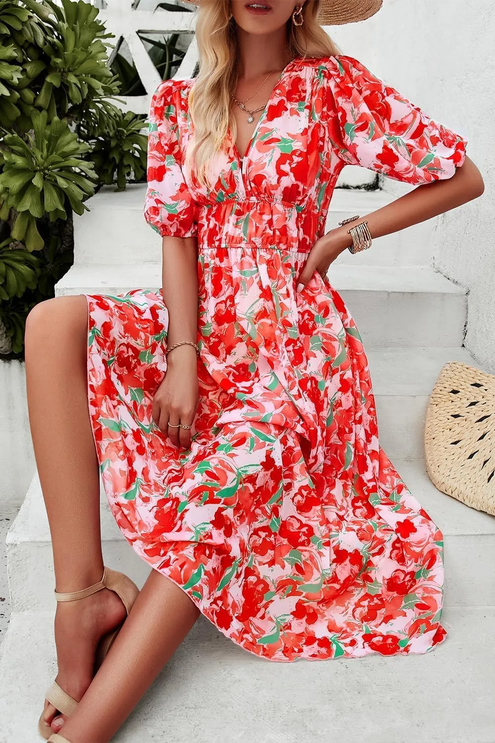 Womens Floral Flowy Wrap V Neck Midi Dress Short Sleeve Elastic Waist Casual Spring Summer Dresses for Women 2025