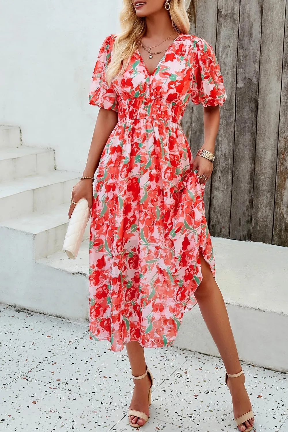 Womens Floral Flowy Wrap V Neck Midi Dress Short Sleeve Elastic Waist Casual Spring Summer Dresses for Women 2025