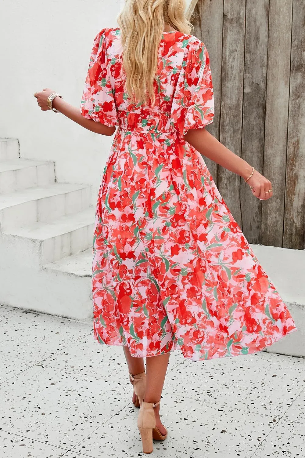 Womens Floral Flowy Wrap V Neck Midi Dress Short Sleeve Elastic Waist Casual Spring Summer Dresses for Women 2025
