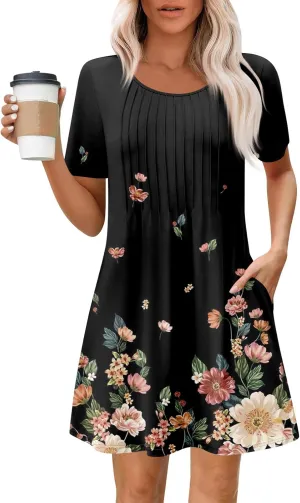 Women's Floral Print Casual Short Sleeve Beach Dress with Pockets Summer Loose Fit Tunic for Everyday Wear