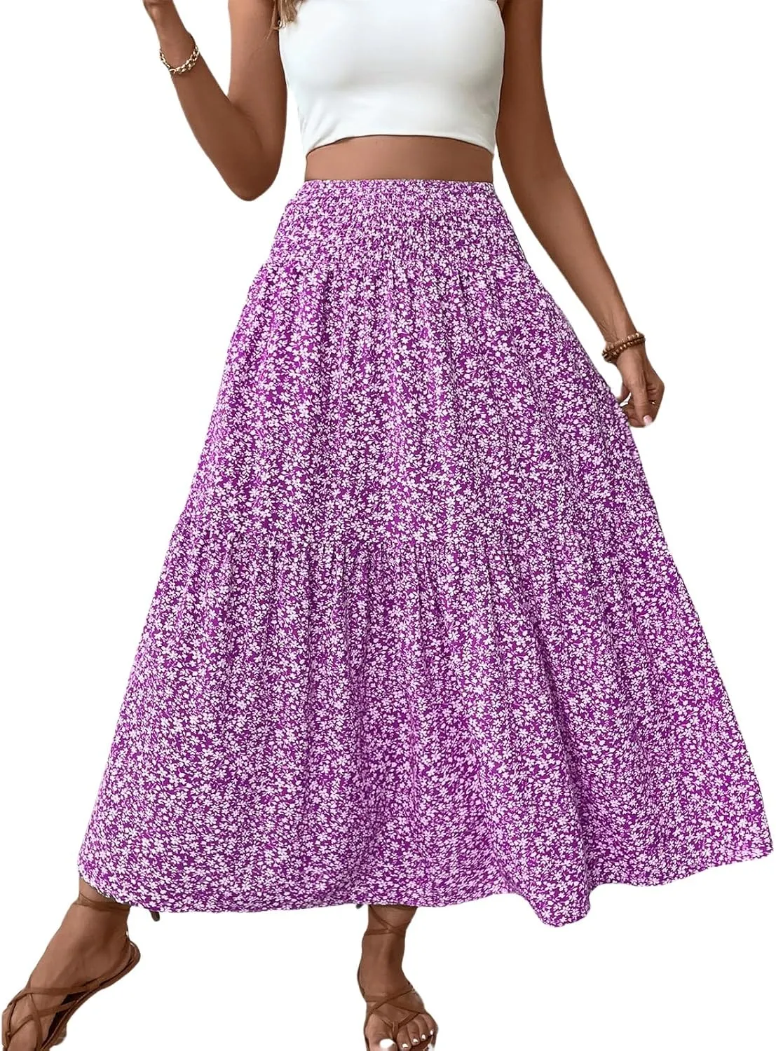 Womens High Elastic Waisted Skirts Summer Pleated Floral A-Line Midi Skirts Lightweight Boho Swing Flowy Skirt