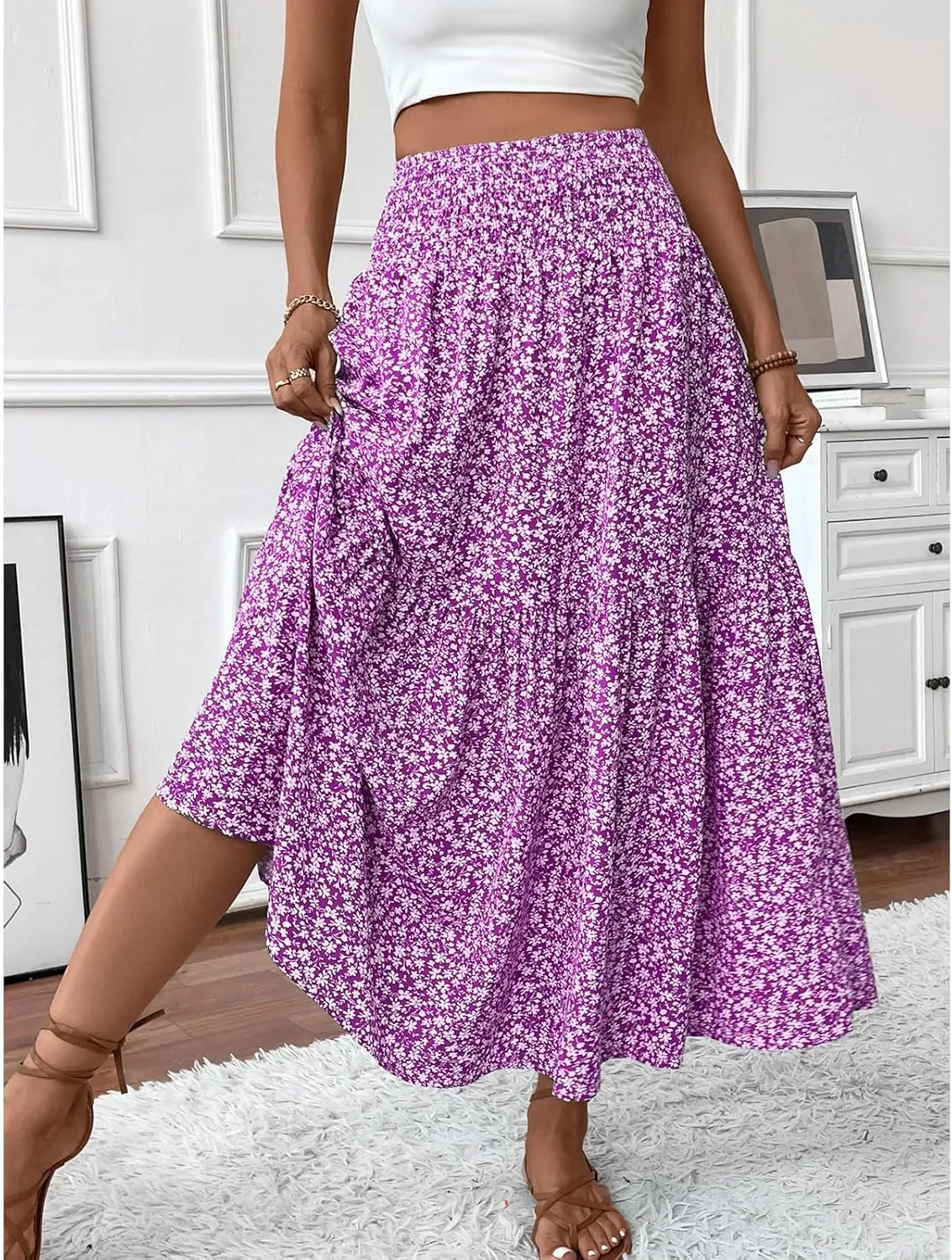 Womens High Elastic Waisted Skirts Summer Pleated Floral A-Line Midi Skirts Lightweight Boho Swing Flowy Skirt