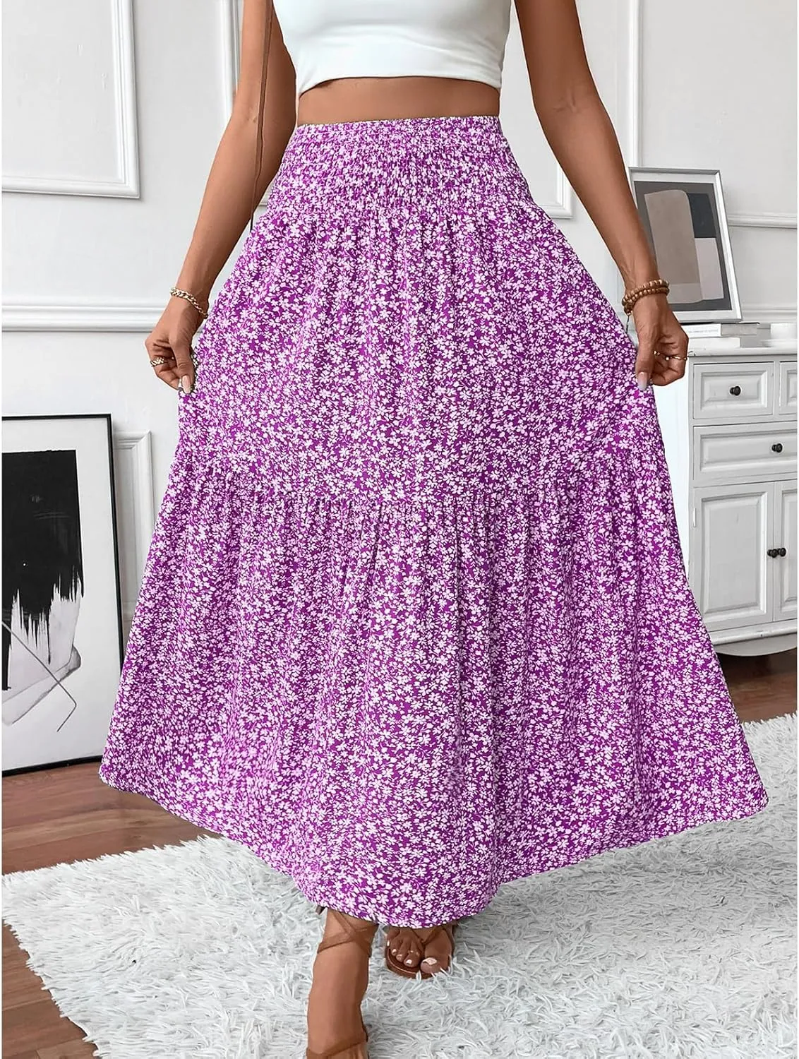 Womens High Elastic Waisted Skirts Summer Pleated Floral A-Line Midi Skirts Lightweight Boho Swing Flowy Skirt