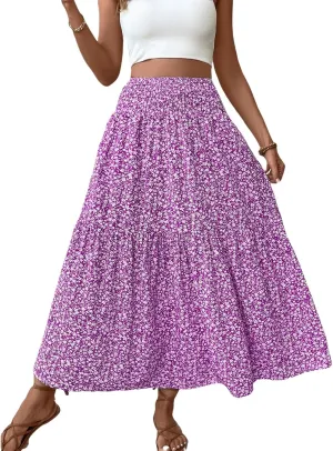 Womens High Elastic Waisted Skirts Summer Pleated Floral A-Line Midi Skirts Lightweight Boho Swing Flowy Skirt