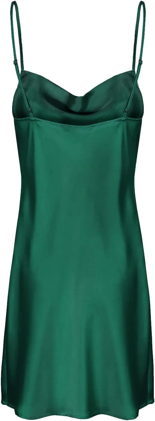Womens Satin Dress Draped Cowl Neck Slip Dress Elegant Spaghetti Straps Cocktail Beach Party Dress