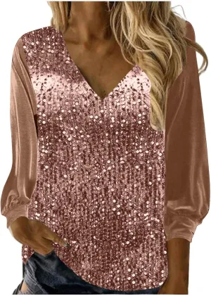 Women's Sequin Tops Sheer Long Sleeve Glitter Sparkly Party Blouse Velvet V-Neck Dressy Tops for Evening Party