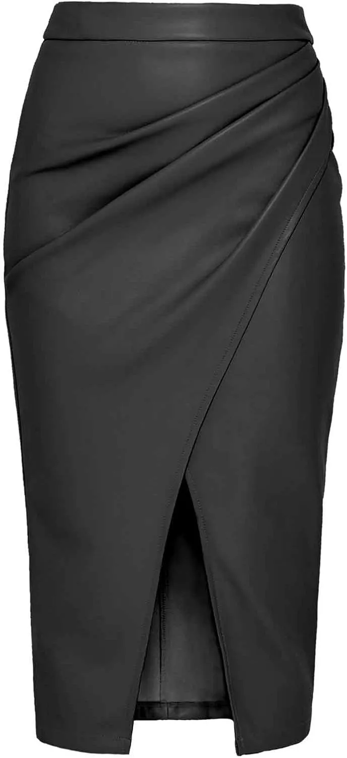 Women's Shapewear Faux Leather Skirts Tummy Control High Waist Midi Skirt Slim Slit Pleated Pencil Skirt