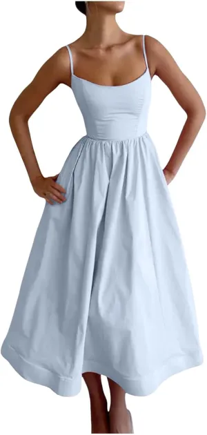 Women's Sleeveless Long Dresses Summer Sexy Sling U Neck Backless Tunic Swing Sundress Low Cut Solid Pleated Dress