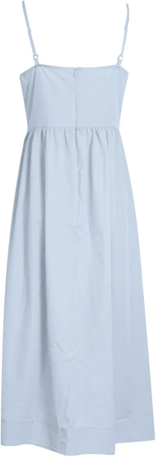 Women's Sleeveless Long Dresses Summer Sexy Sling U Neck Backless Tunic Swing Sundress Low Cut Solid Pleated Dress